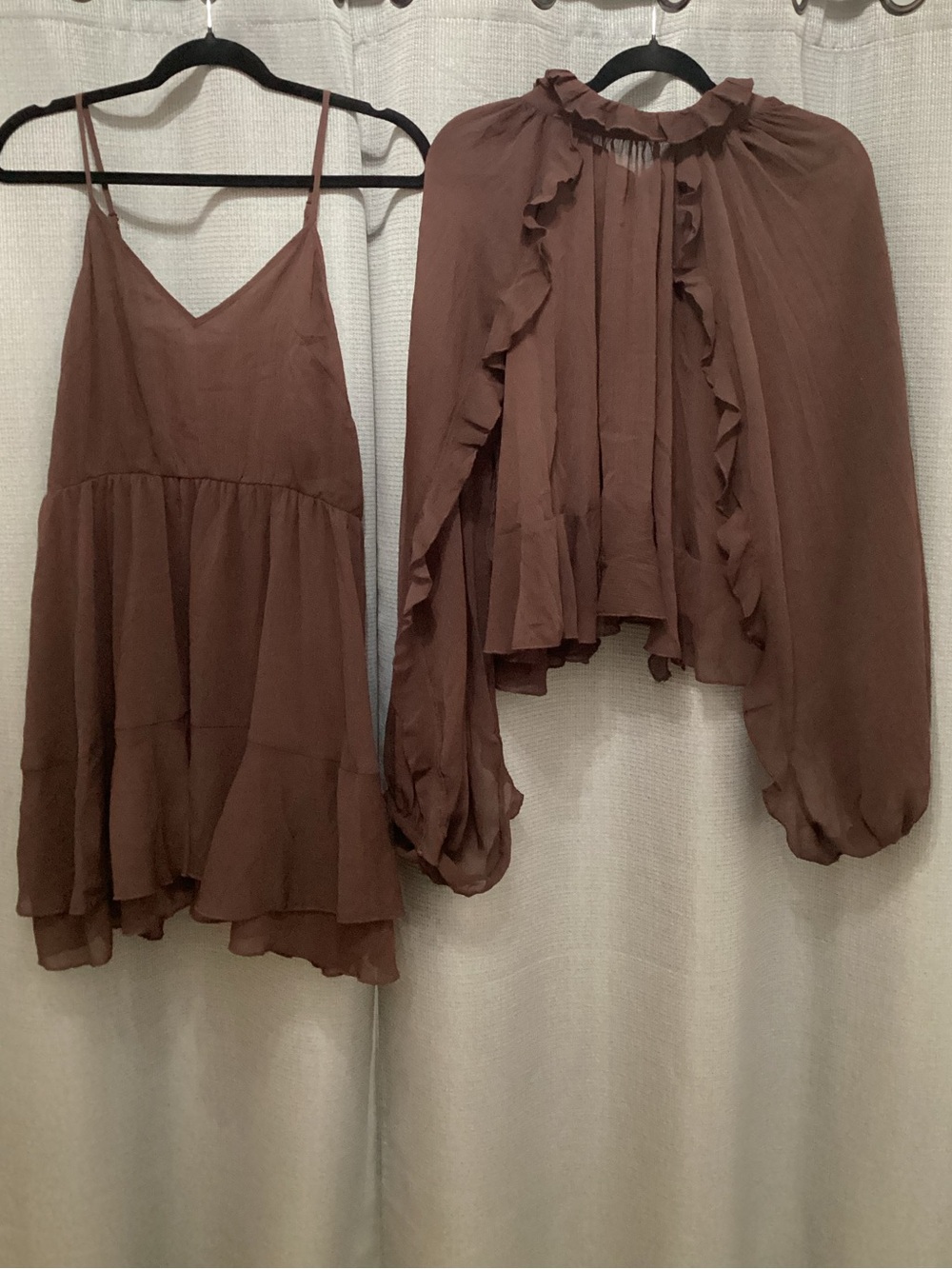 Commense Brown Tiered Ruffle Mini Dress with Liner and Overlay Cape
